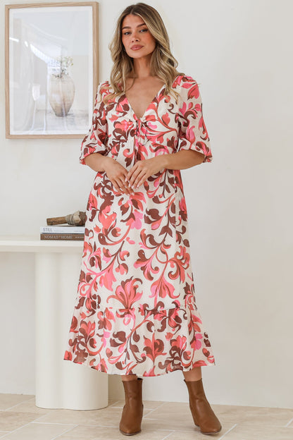 Ellis Midi Dress - V Neck 3/4 Sleeve A-Line Dress in Gemini Print