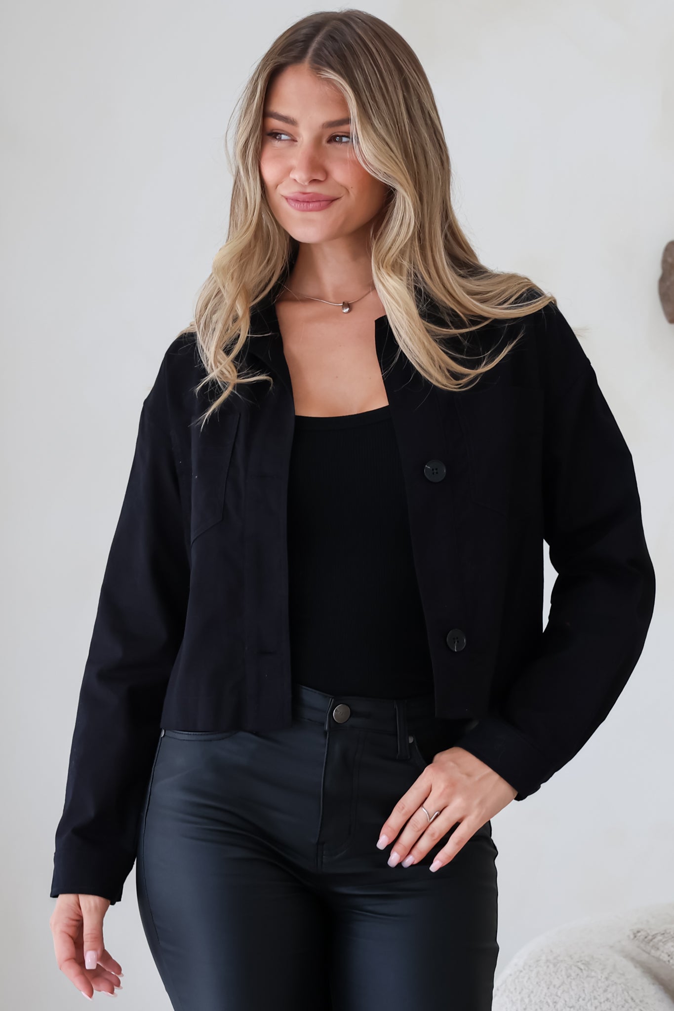 Elma Jacket - Wing Collar Button Down Cropped Jacket in Black