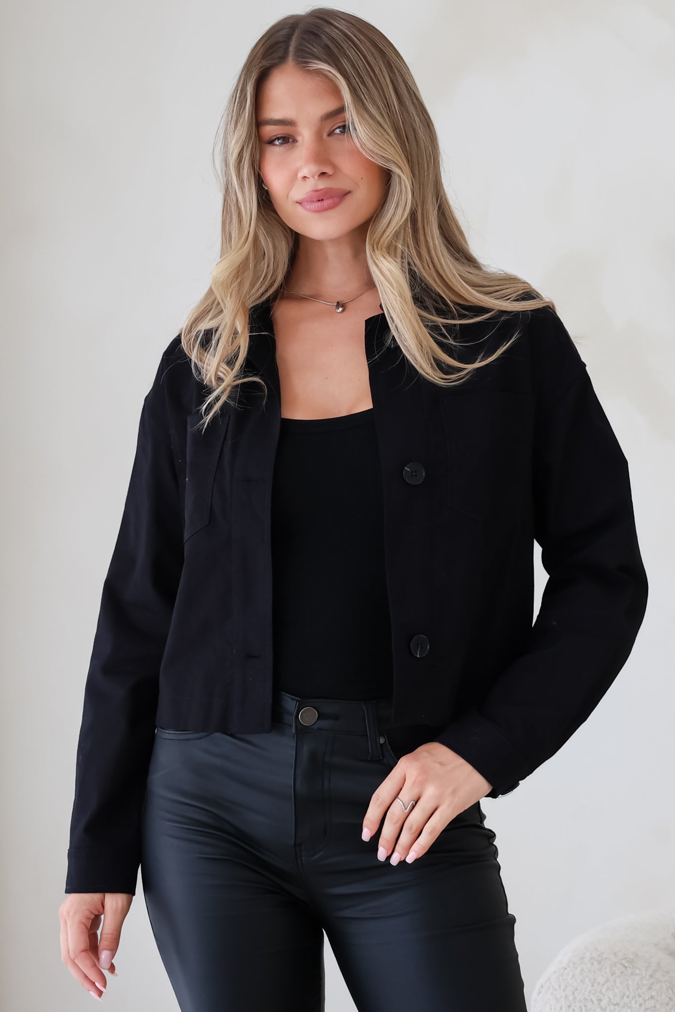 Elma Jacket - Wing Collar Button Down Cropped Jacket in Black
