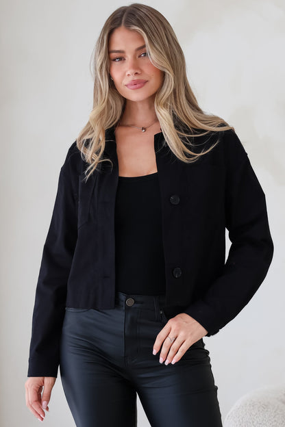 Elma Jacket - Wing Collar Button Down Cropped Jacket in Black