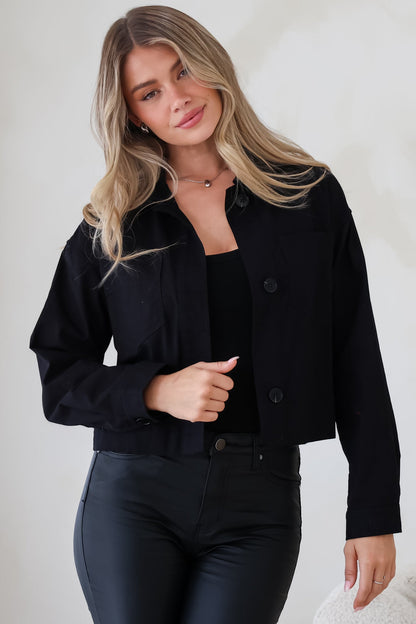 Elma Jacket - Wing Collar Button Down Cropped Jacket in Black