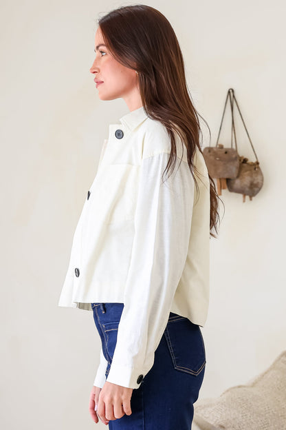Elma Jacket - Wing Collar Button Down Cropped Jacket in Cream