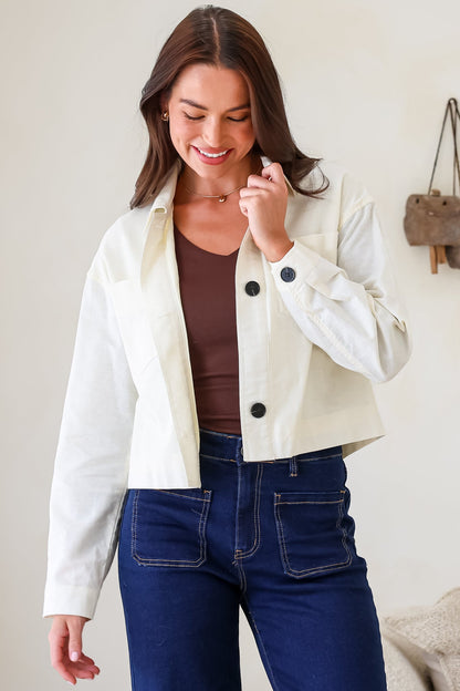 Elma Jacket - Wing Collar Button Down Cropped Jacket in Cream