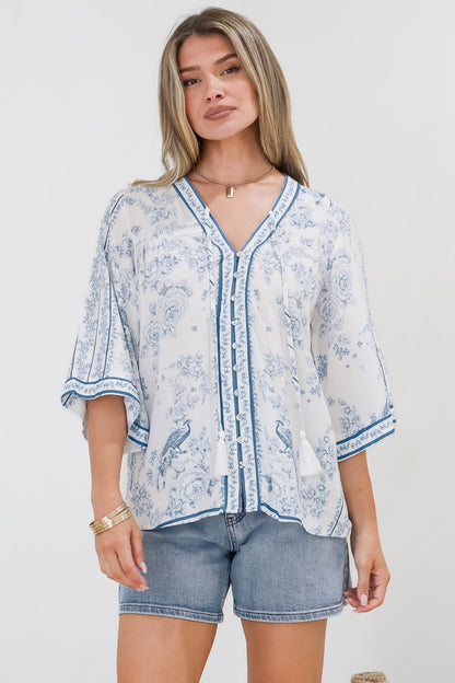 Elysia Blouse - Deep V Neck Button Down 3/4 Sleeve Top in Josie Print