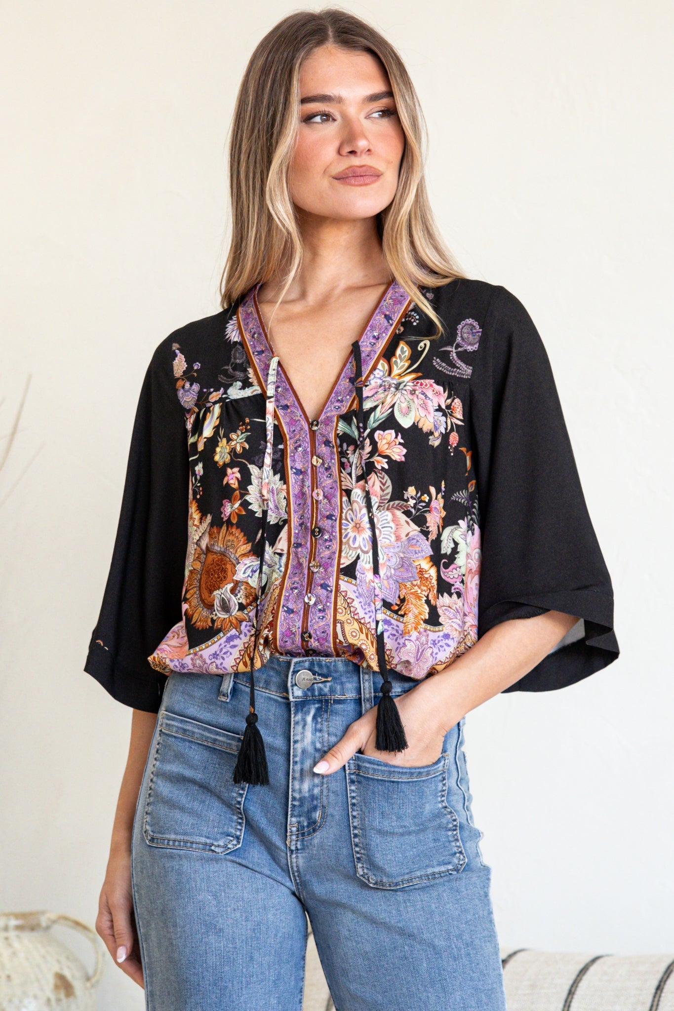 Elysia Blouse - Deep V Neck Button Down 3/4 Sleeve Top in Zaria Print