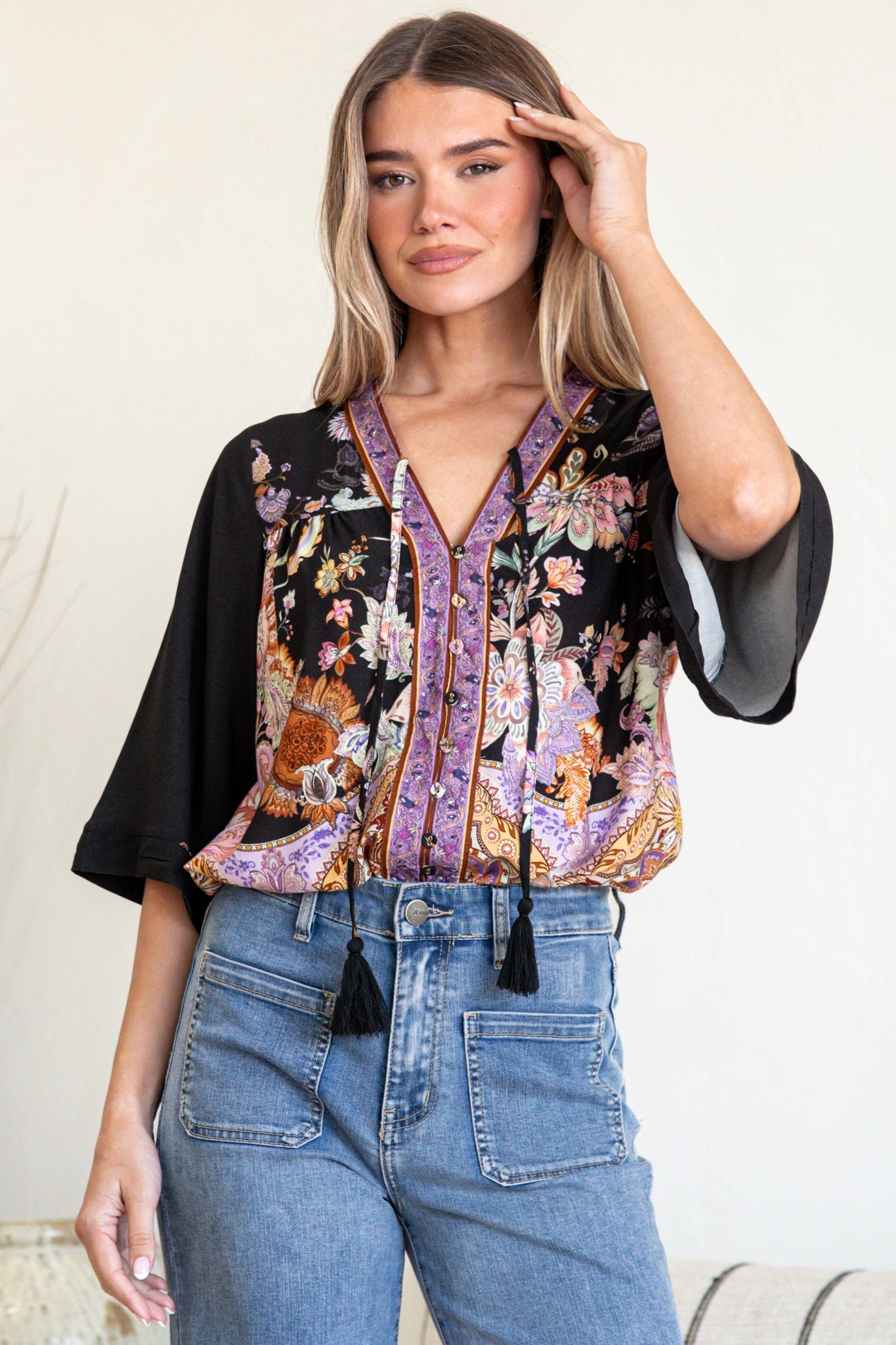 Elysia Blouse - Deep V Neck Button Down 3/4 Sleeve Top in Zaria Print