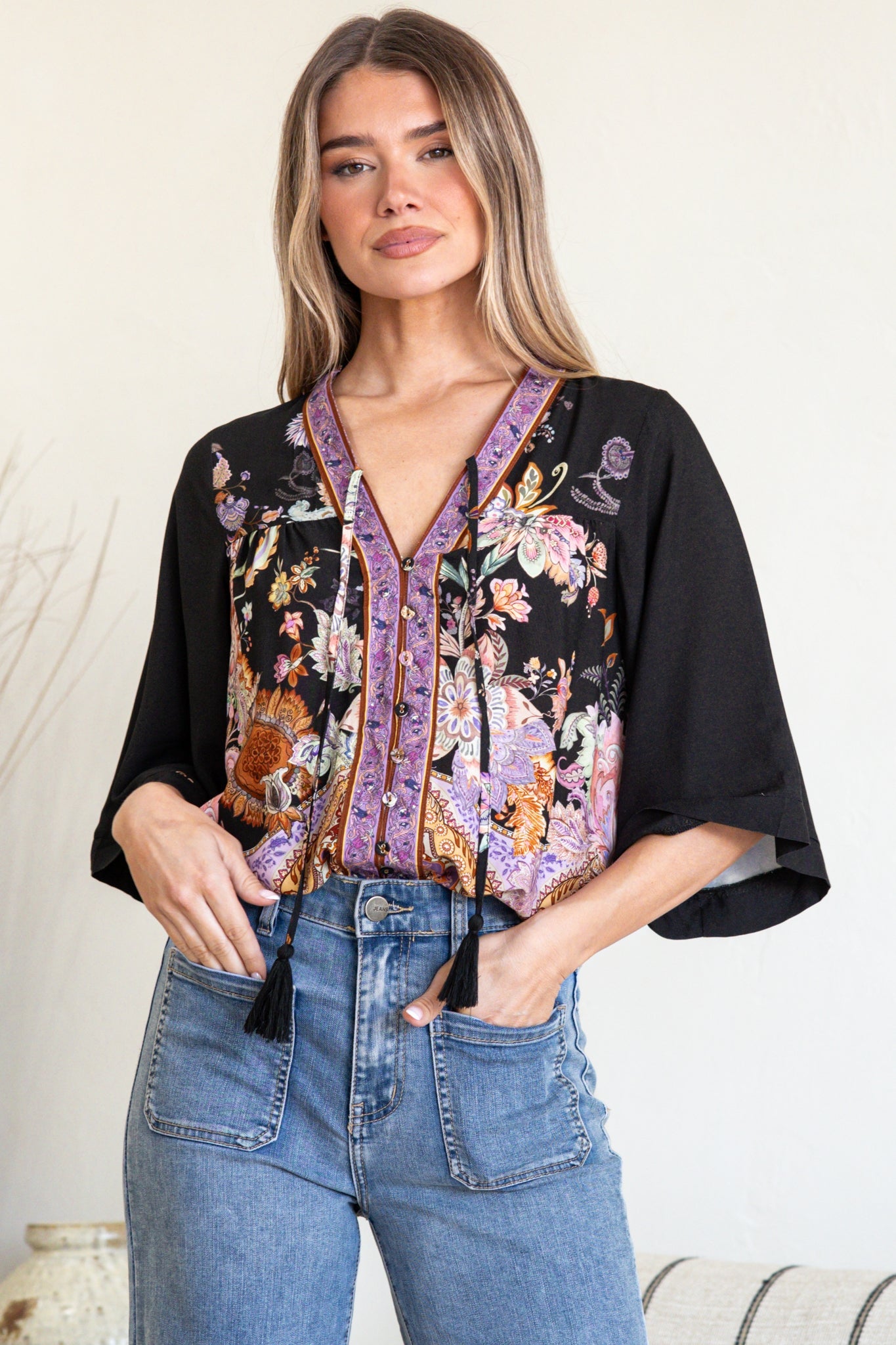 Elysia Blouse - Deep V Neck Button Down 3/4 Sleeve Top in Zaria Print
