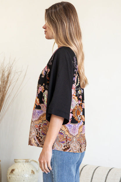 Elysia Blouse - Deep V Neck Button Down 3/4 Sleeve Top in Zaria Print