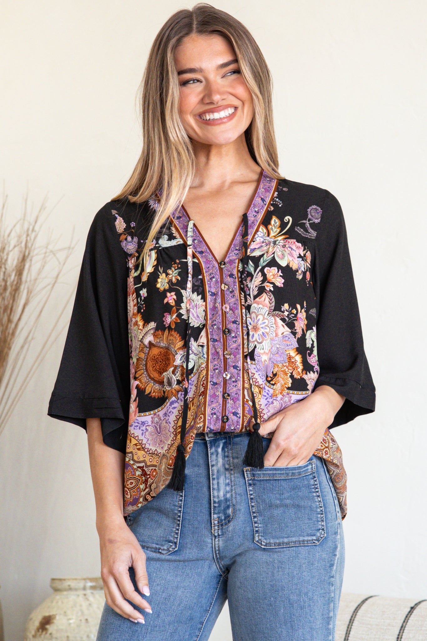 Elysia Blouse - Deep V Neck Button Down 3/4 Sleeve Top in Zaria Print