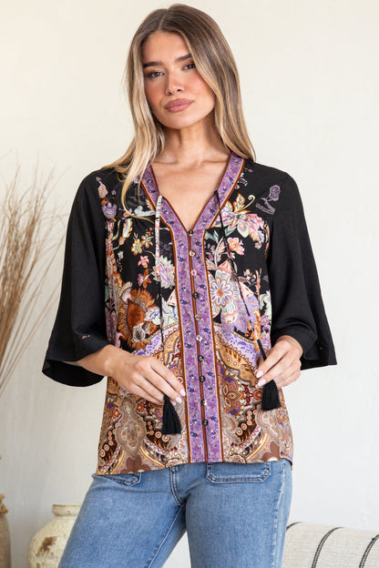 Elysia Blouse - Deep V Neck Button Down 3/4 Sleeve Top in Zaria Print