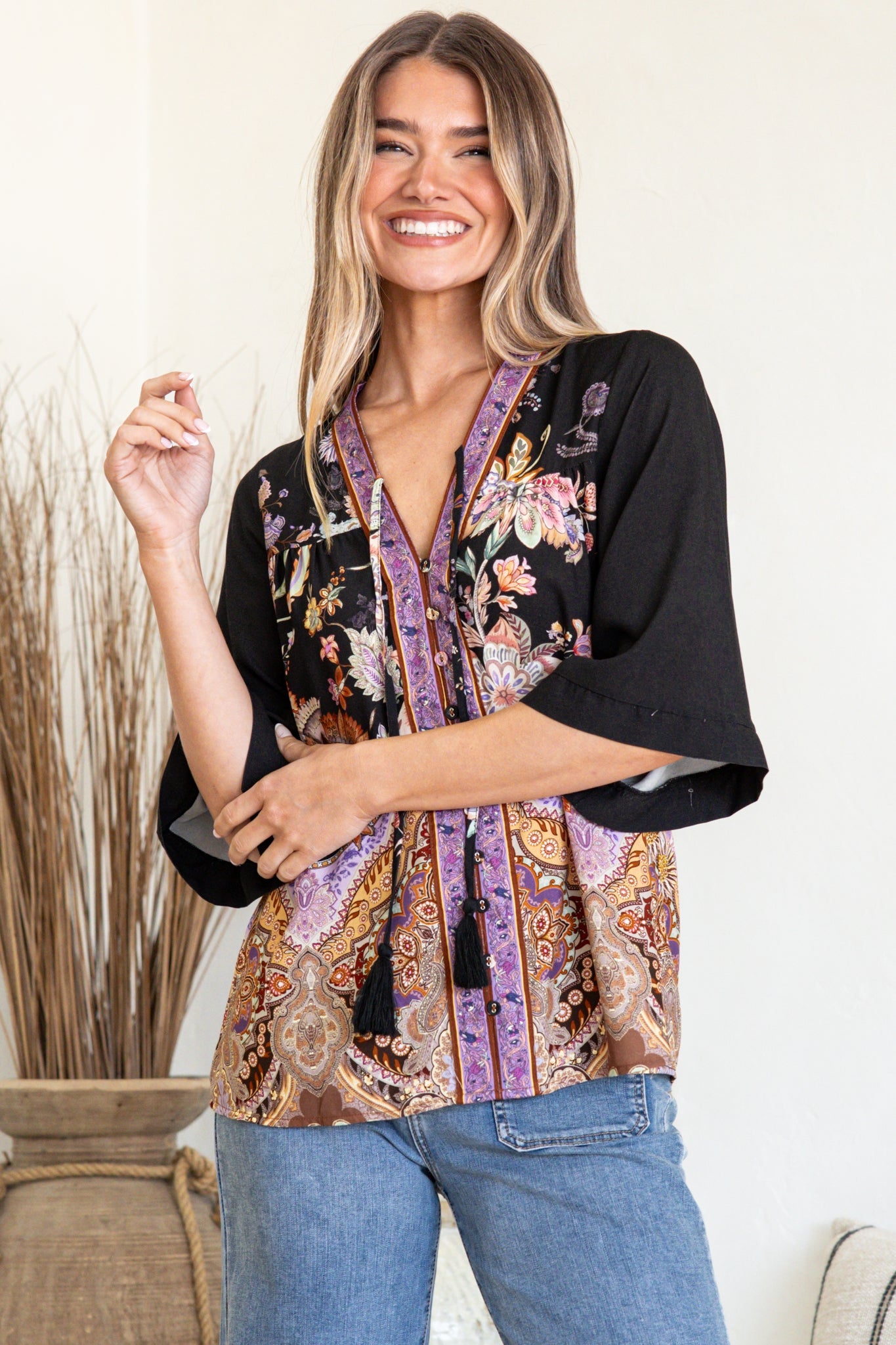Elysia Blouse - Deep V Neck Button Down 3/4 Sleeve Top in Zaria Print