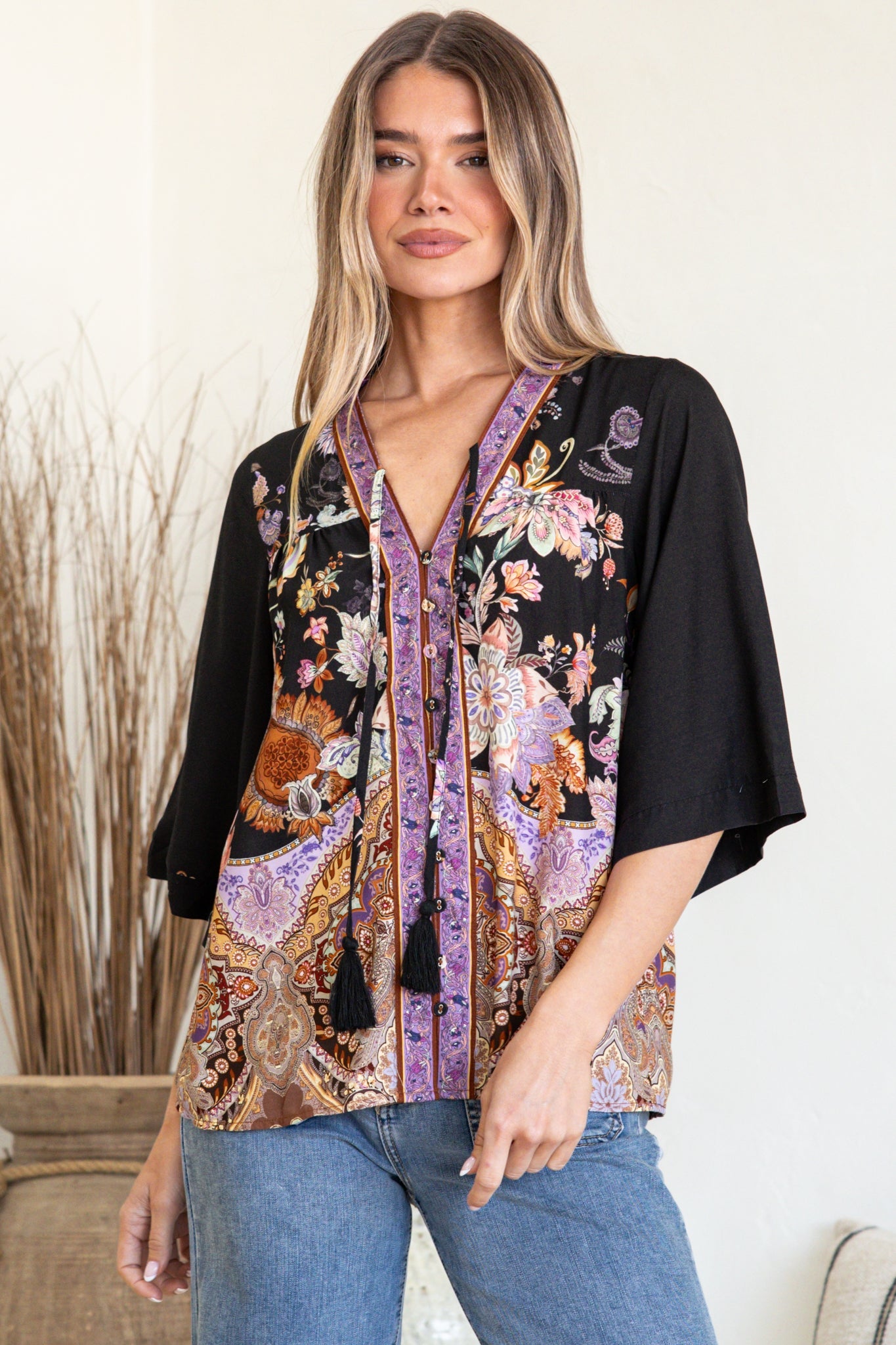 Elysia Blouse - Deep V Neck Button Down 3/4 Sleeve Top in Zaria Print