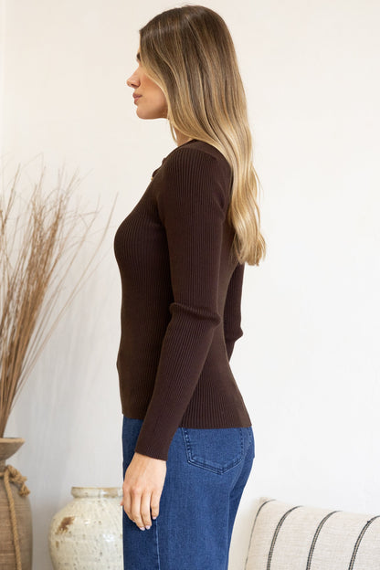 Emilia Knit Top - Gold Button Neckline Ribbed Top in Chocolate