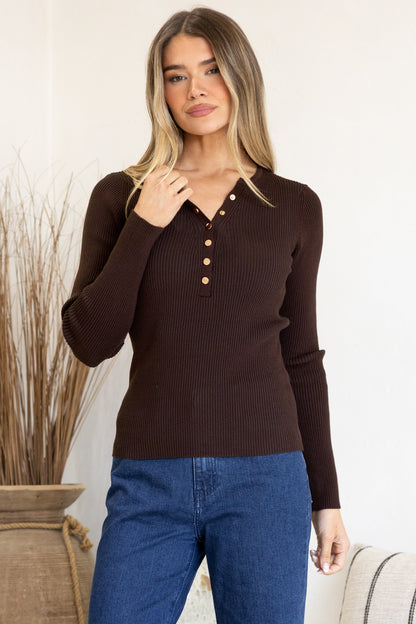 Emilia Knit Top - Gold Button Neckline Ribbed Top in Chocolate