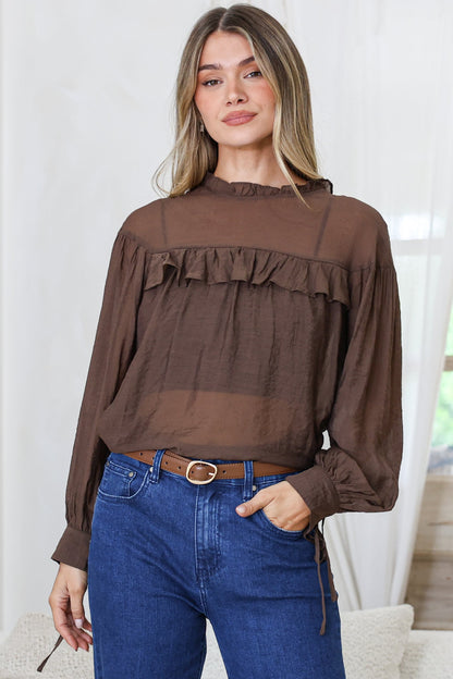 Evelyne Blouse - Frill Detailed Sheer Blouse with Balloon Sleeves with Tie Detail in Chocolate