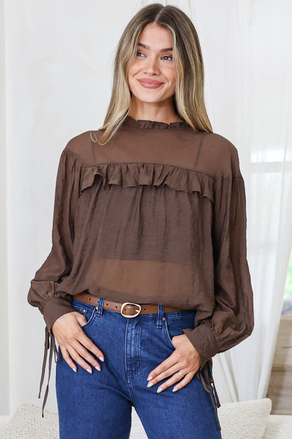 Evelyne Blouse - Frill Detailed Sheer Blouse with Balloon Sleeves with Tie Detail in Chocolate