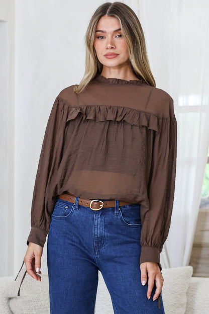 Evelyne Blouse - Frill Detailed Sheer Blouse with Balloon Sleeves with Tie Detail in Chocolate