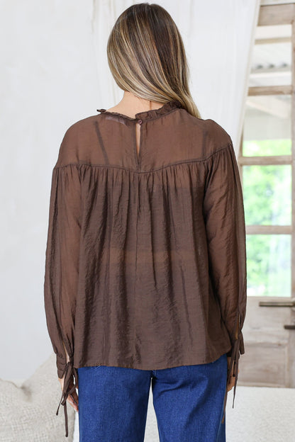 Evelyne Blouse - Frill Detailed Sheer Blouse with Balloon Sleeves with Tie Detail in Chocolate