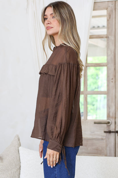 Evelyne Blouse - Frill Detailed Sheer Blouse with Balloon Sleeves with Tie Detail in Chocolate