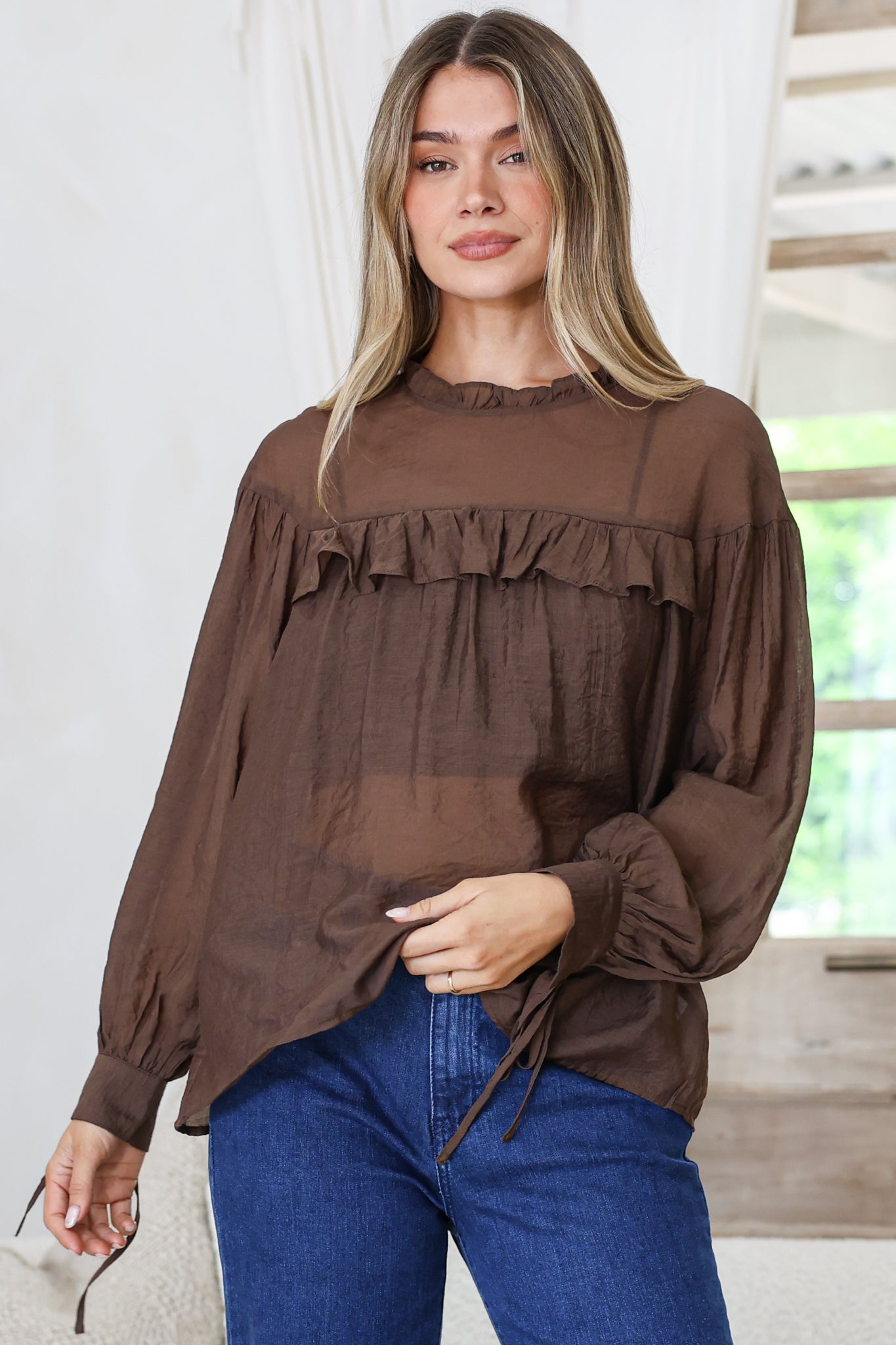 Evelyne Blouse - Frill Detailed Sheer Blouse with Balloon Sleeves with Tie Detail in Chocolate