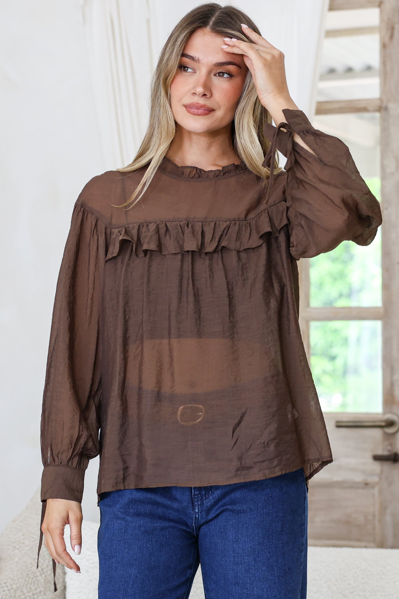 Evelyne Blouse - Frill Detailed Sheer Blouse with Balloon Sleeves with Tie Detail in Chocolate