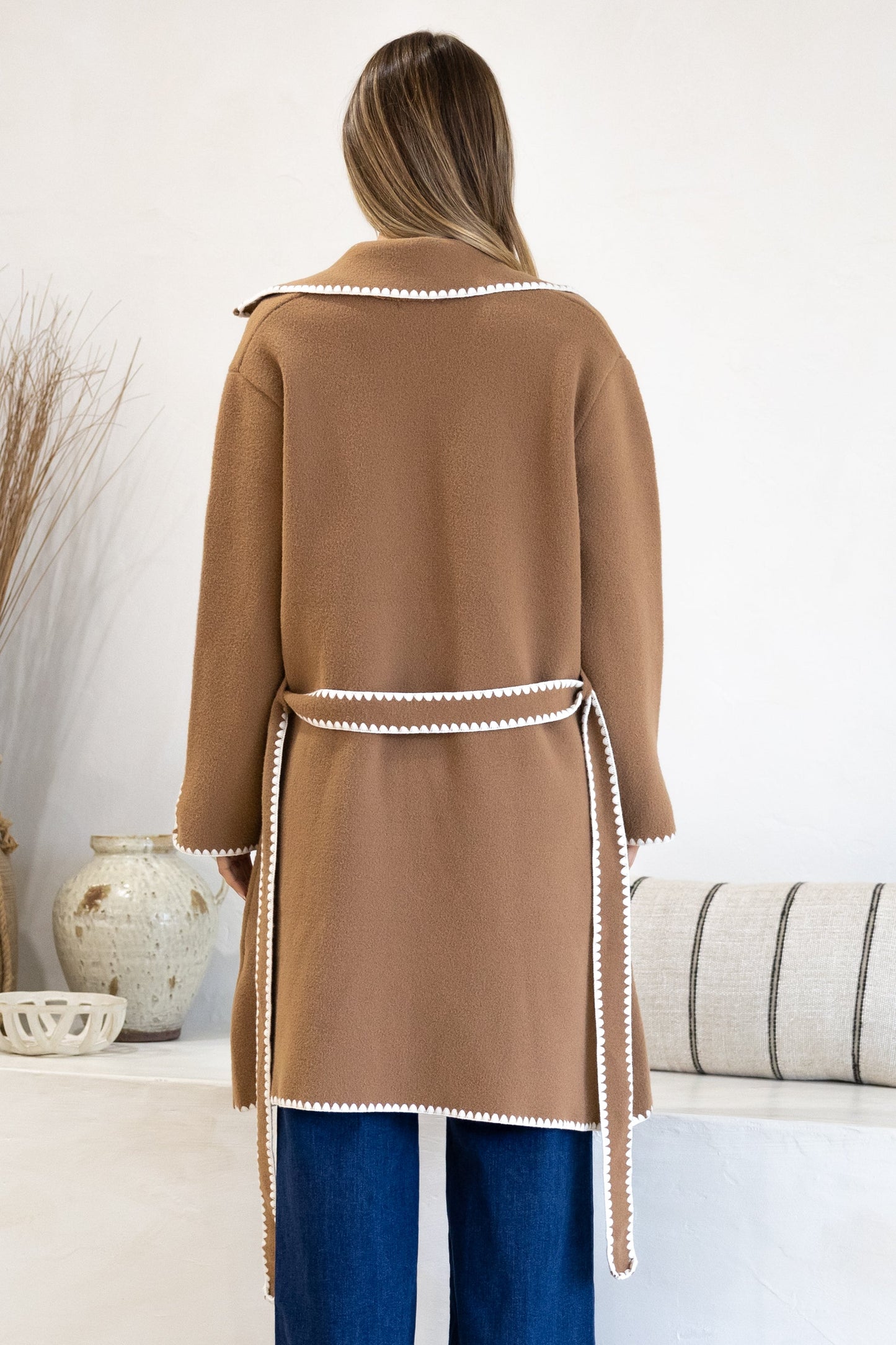 Falcon Cardigan - Lapel Collar Open Cardigan with Matching Belt and Contrast Stitch Hemlines in Tan