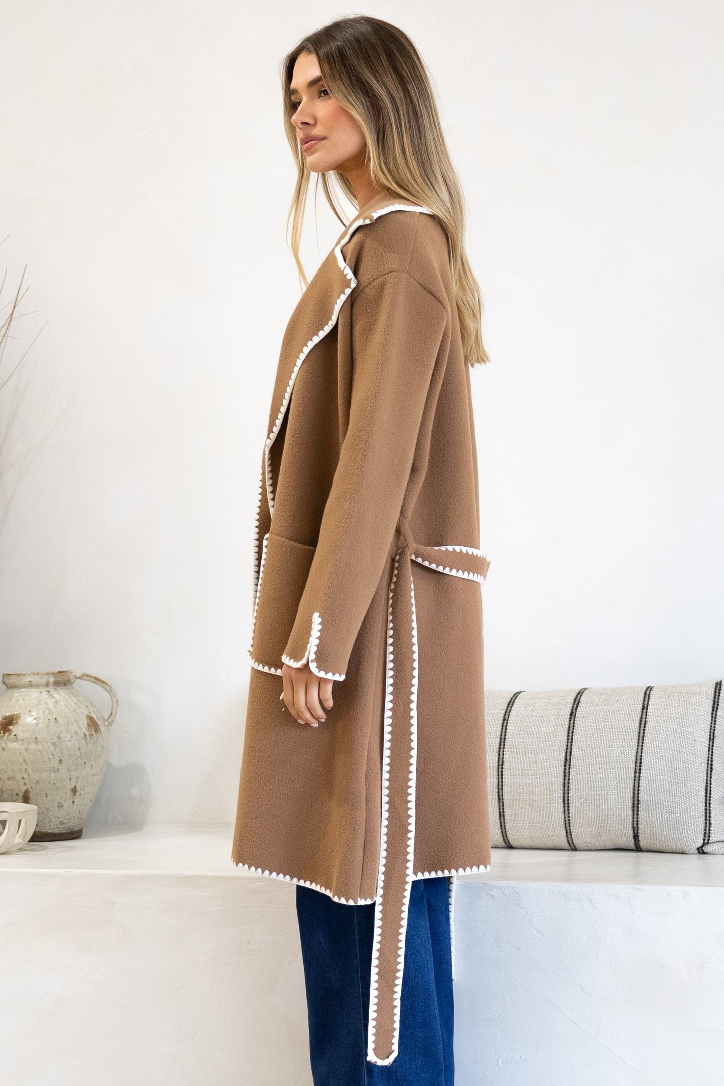 Falcon Cardigan - Lapel Collar Open Cardigan with Matching Belt and Contrast Stitch Hemlines in Tan