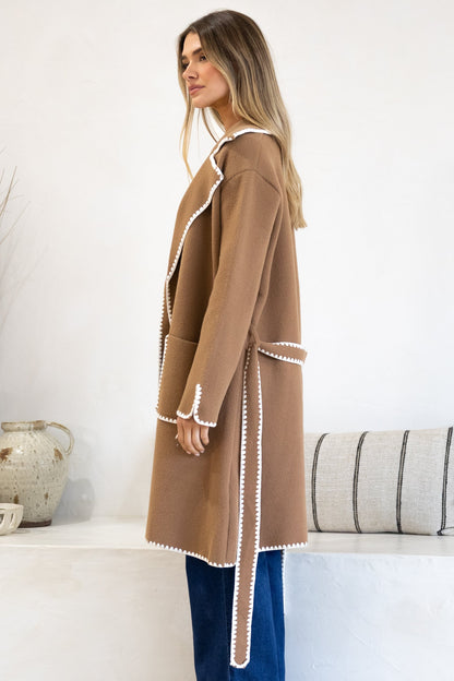 Falcon Cardigan - Lapel Collar Open Cardigan with Matching Belt and Contrast Stitch Hemlines in Tan