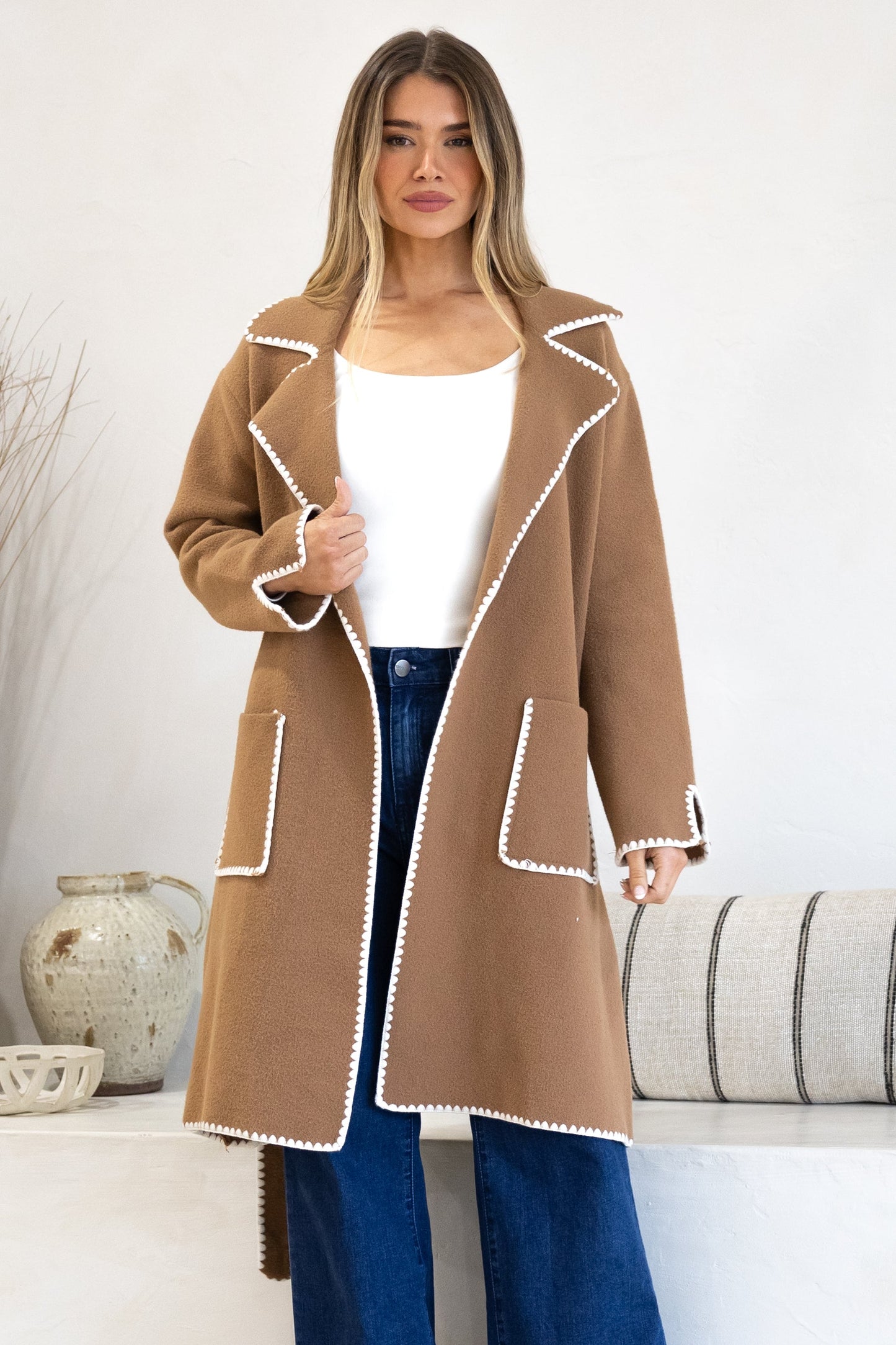 Falcon Cardigan - Lapel Collar Open Cardigan with Matching Belt and Contrast Stitch Hemlines in Tan