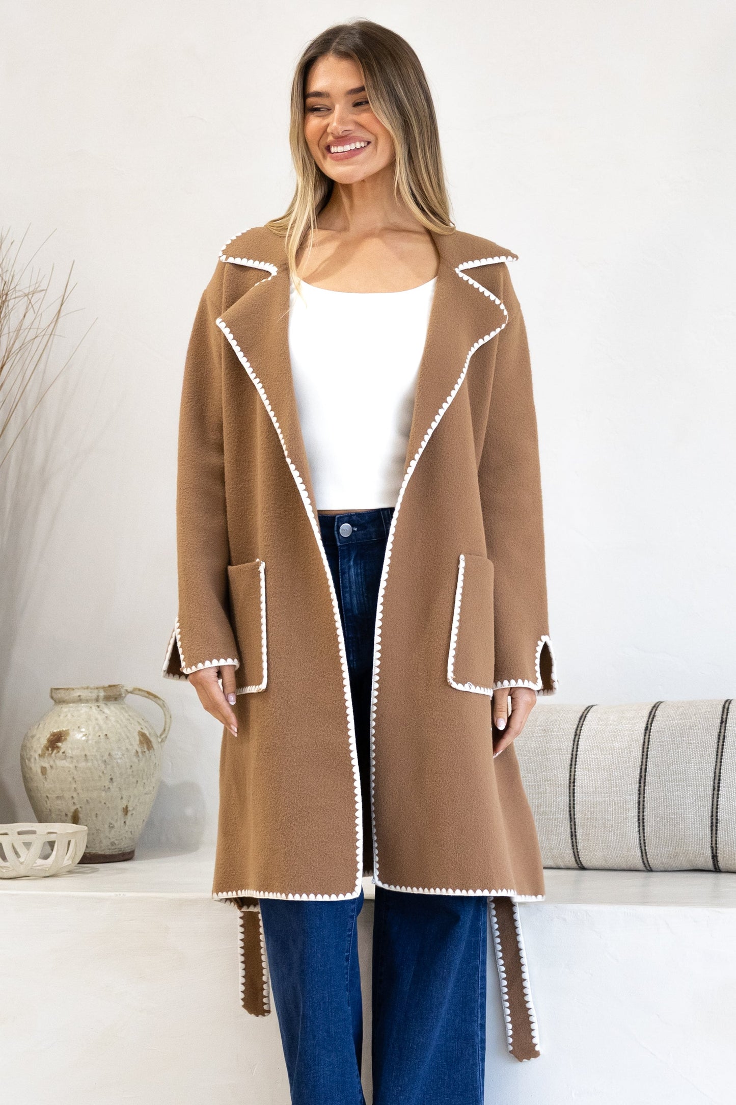 Falcon Cardigan - Lapel Collar Open Cardigan with Matching Belt and Contrast Stitch Hemlines in Tan