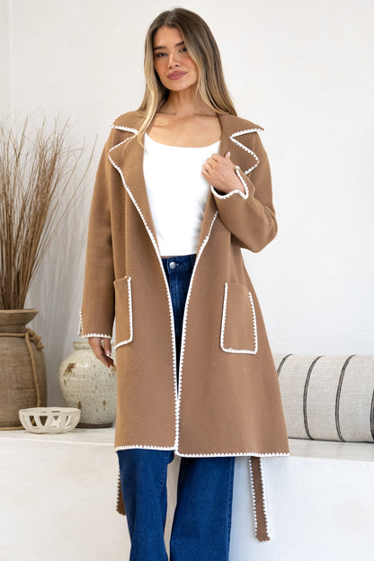 Falcon Cardigan - Lapel Collar Open Cardigan with Matching Belt and Contrast Stitch Hemlines in Tan