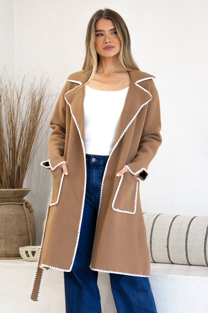 Falcon Cardigan - Lapel Collar Open Cardigan with Matching Belt and Contrast Stitch Hemlines in Tan