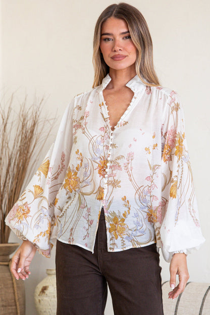 Faye Blouse - Mandarin Collar Balloon Sleeve Button Down Shirt in Sheree Print