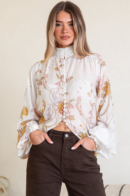 Faye Blouse - Mandarin Collar Balloon Sleeve Button Down Shirt in Sheree Print