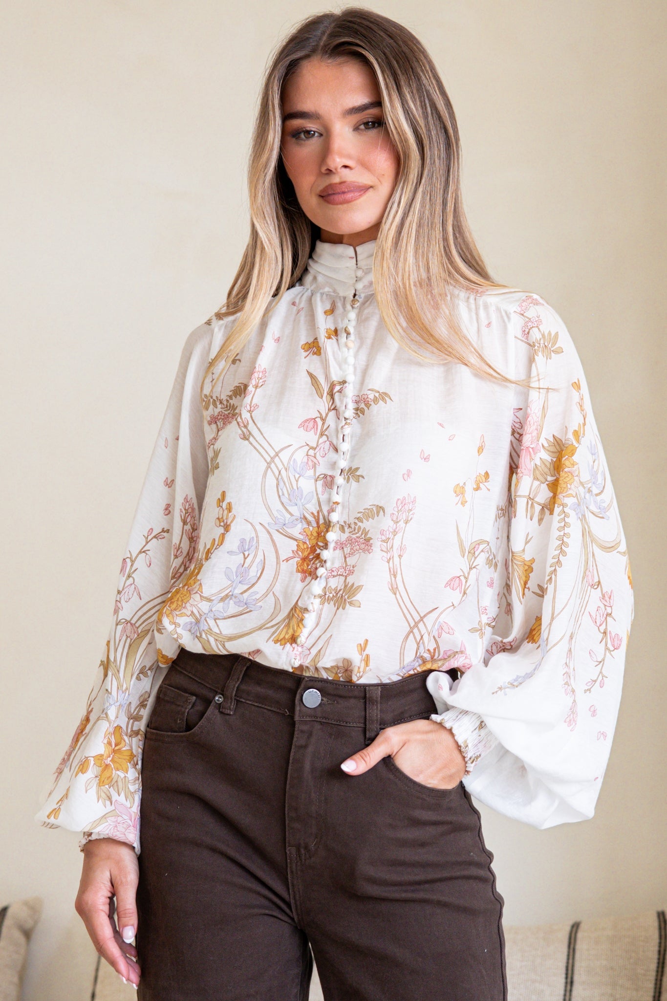 Faye Blouse - Mandarin Collar Balloon Sleeve Button Down Shirt in Sheree Print