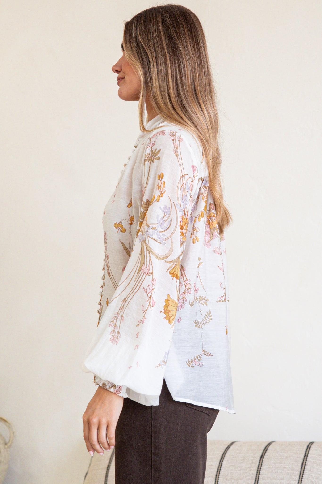 Faye Blouse - Mandarin Collar Balloon Sleeve Button Down Shirt in Sheree Print