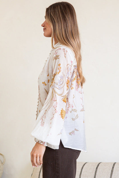 Faye Blouse - Mandarin Collar Balloon Sleeve Button Down Shirt in Sheree Print