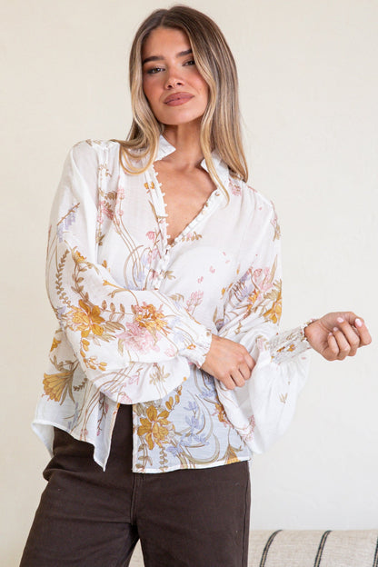 Faye Blouse - Mandarin Collar Balloon Sleeve Button Down Shirt in Sheree Print