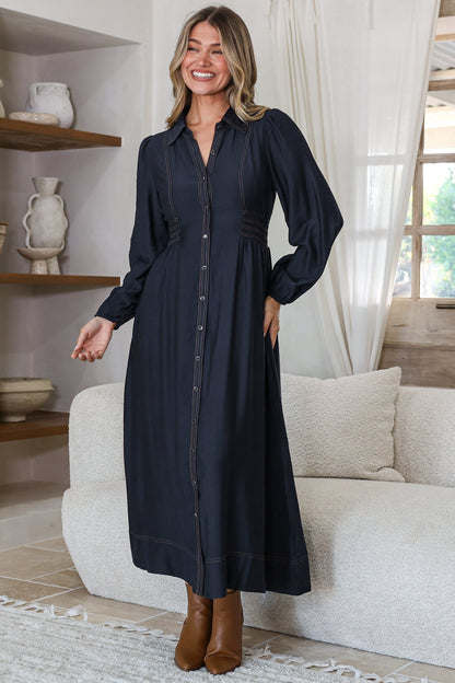 Ferris Midi Dress - Collared Button Bodice A-Line Dress with Long Sleeves in Navy