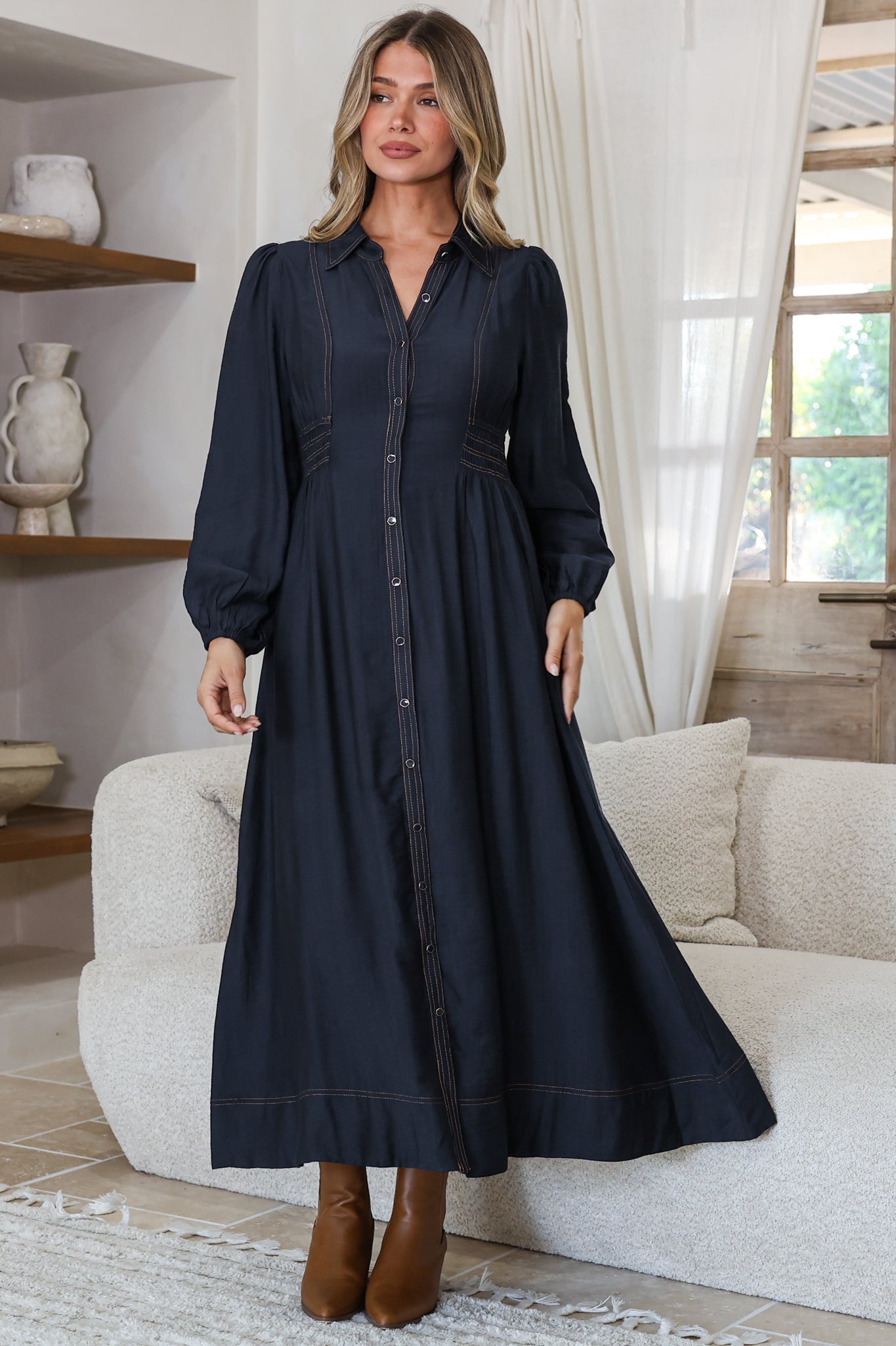 Ferris Midi Dress - Collared Button Bodice A-Line Dress with Long Sleeves in Navy