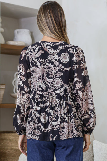 Fiero Blouse - Mandarin Collar Yoke Bust Button Down with Long Sleeves in Pim Print Black