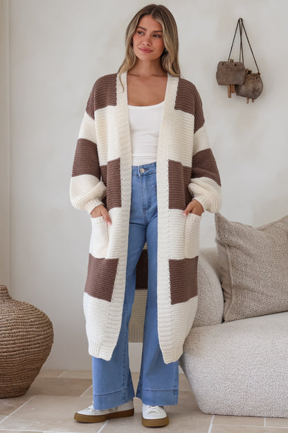 Finneas Cardigan - Longline Open Front Knit with Balloon Sleeves and Pockets in Brown