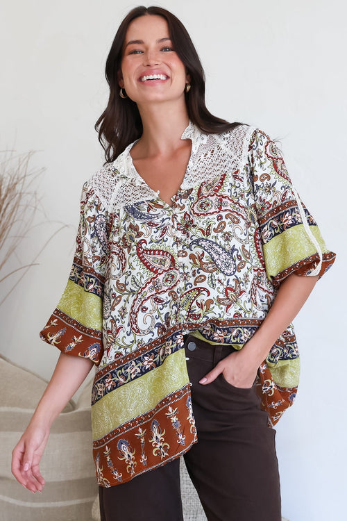 JAASE - Florence Blouse: Lace Detailed Button Down Relaxed Blouse in Oakie Print