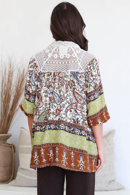 JAASE - Florence Blouse: Lace Detailed Button Down Relaxed Blouse in Oakie Print