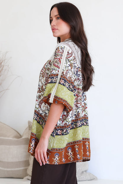 JAASE - Florence Blouse: Lace Detailed Button Down Relaxed Blouse in Oakie Print