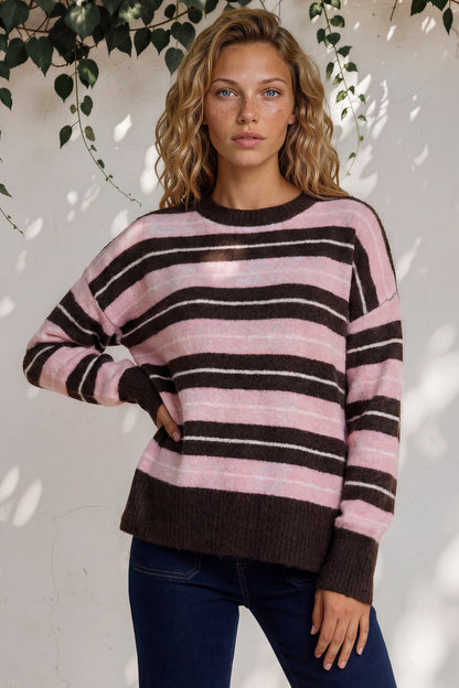 Fowley Jumper - Crew Neck Stripe Knit with Step Hem in Pink/Chocolate