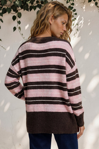 Fowley Jumper - Crew Neck Stripe Knit with Step Hem in Pink/Chocolate