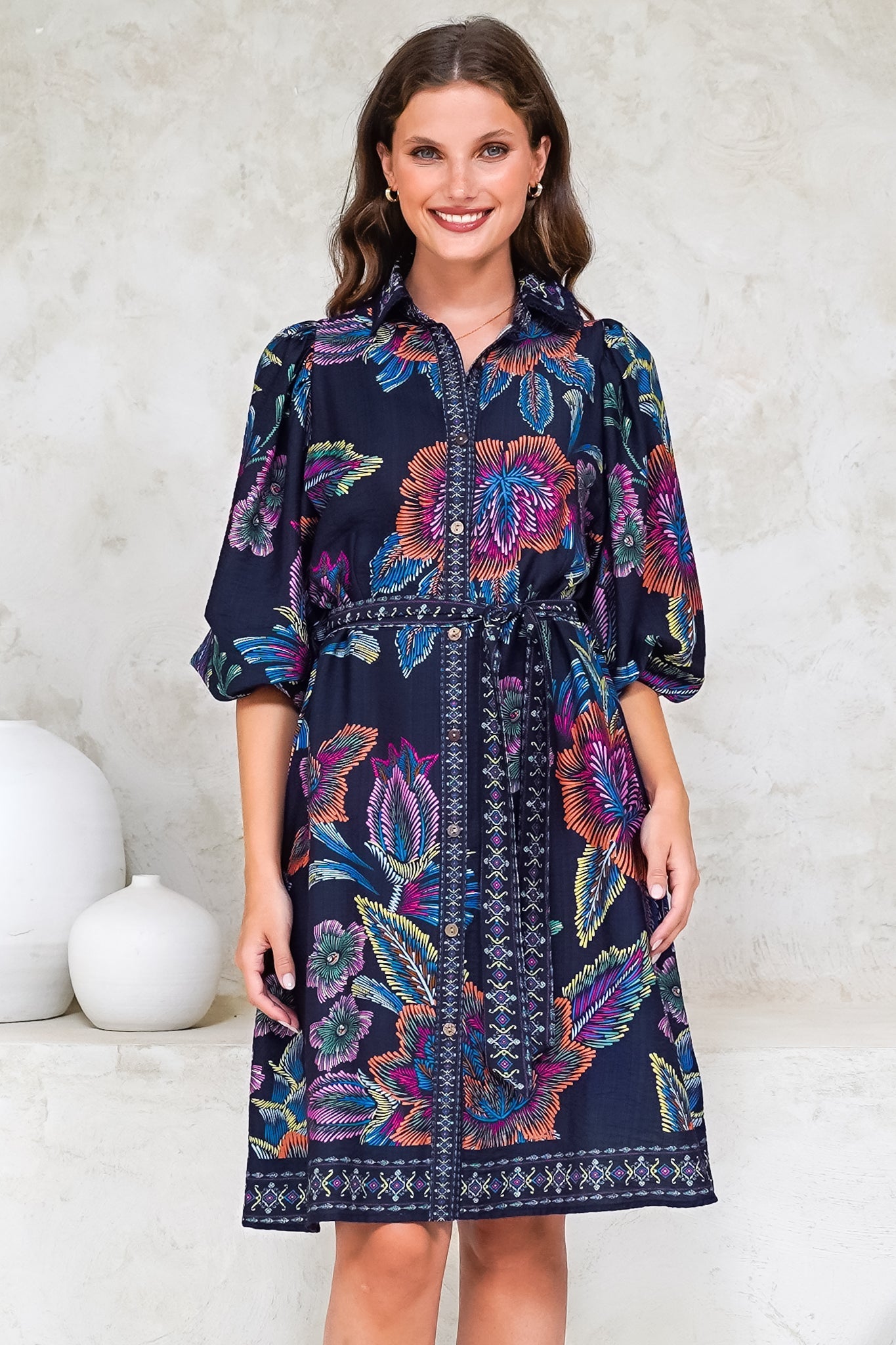 Francini Mini Dress - Collared Shirt Dress with Matching Belt in Elle Print Navy