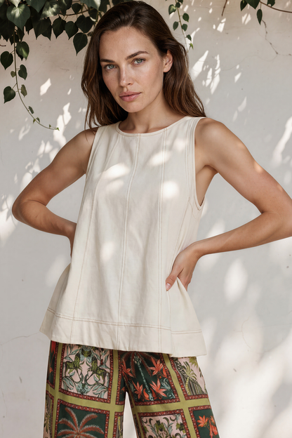 Fresa Tank Top - Crew Neck Sleeveless Contrast Stitching Denim Top in White