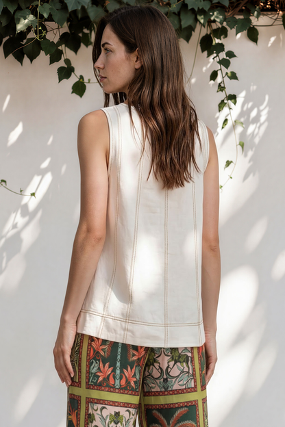Fresa Tank Top - Crew Neck Sleeveless Contrast Stitching Denim Top in White
